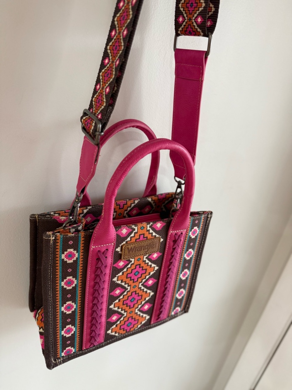 Wrangler Women's Southwestern Print Canvas Crossbody Tote Bag - Hot Pink/Brown - Picture 7 of 12